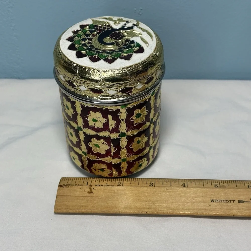 Meenakari Stainless Steel Box Peacock Lid Indian Decorative Canister Dabba